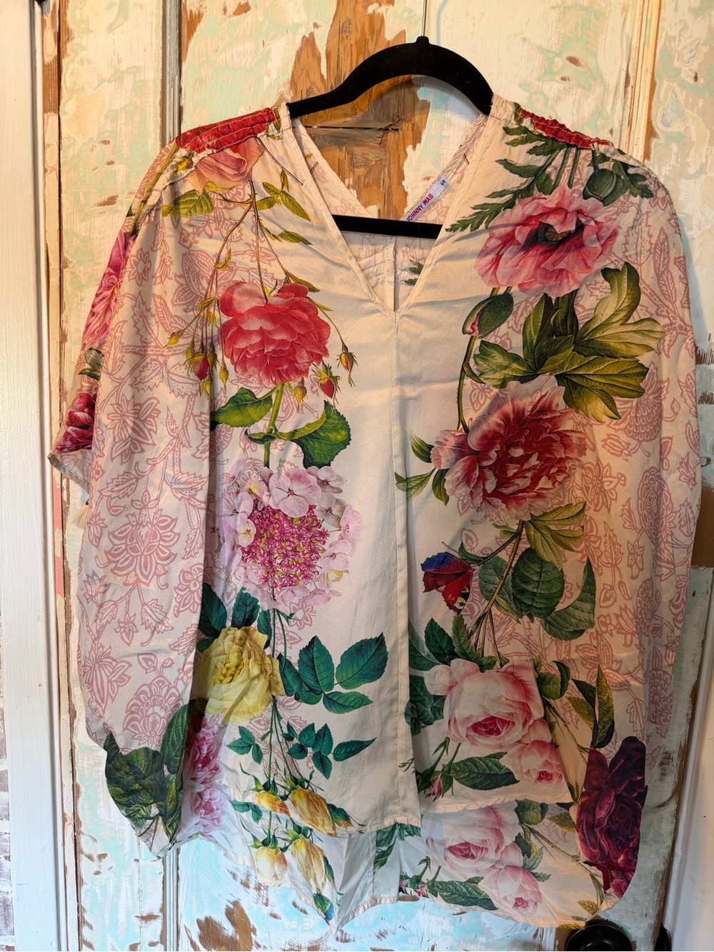 Johnny Was Floral Silk Blouse Small Pink Rose Boho Tunic Top
